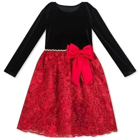 ❤️Nwt Rare Editions Long Sleeve Velvet Dress with Bow Red Black 2 Piece 6-9 MO - Picture 1 of 5